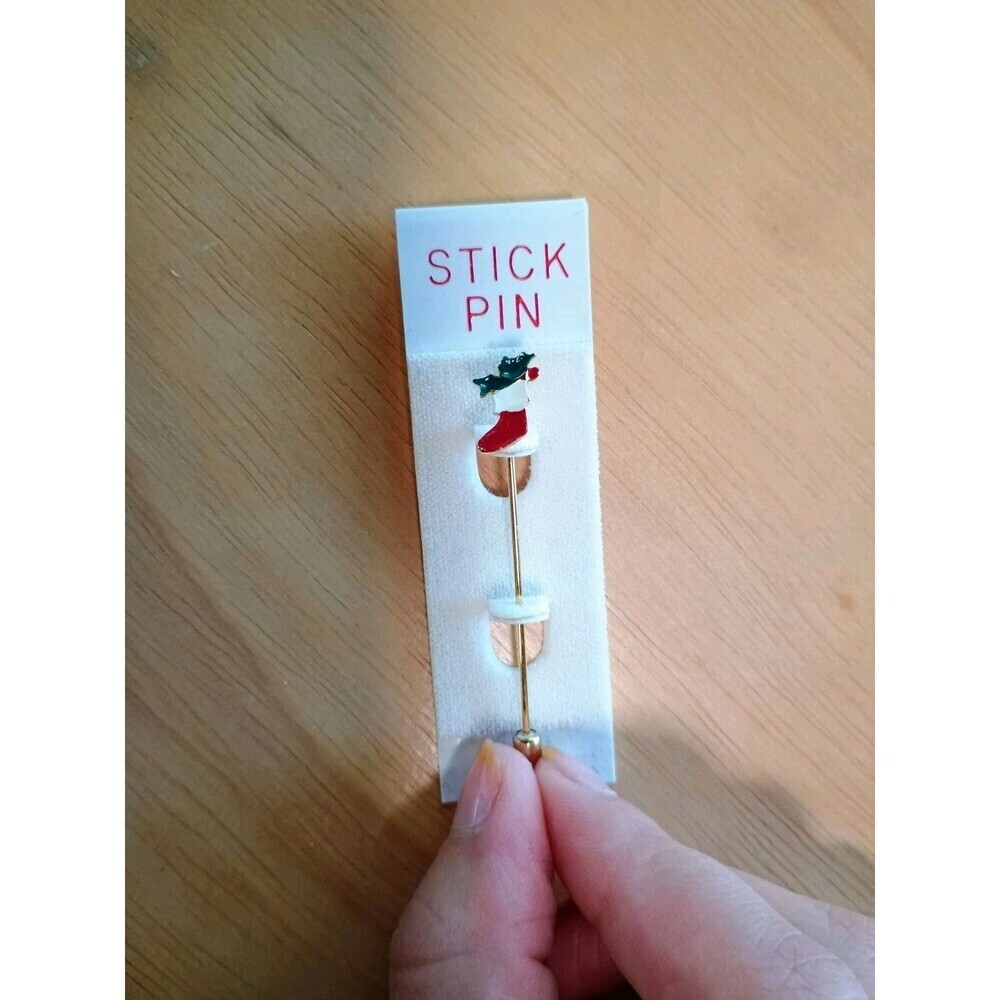 Vintage Christmas Holly Stocking Stick Pin- Goldtone, Red, White, Green - New